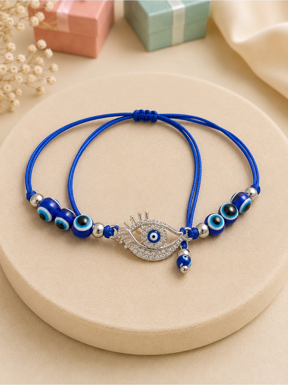 Evil Eye Adjustable Blue Cord Bracelet with Beaded Accents
